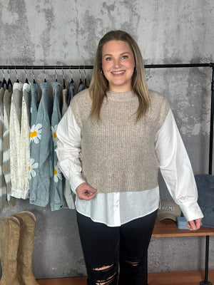 White Blouse with Attached Sweater Vest Combo Top