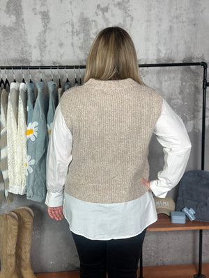 White Blouse with Attached Sweater Vest Combo Top