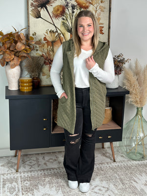 Long Quilted Vest with Hood - Olive