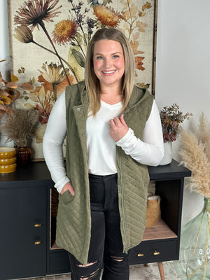 Long Quilted Vest with Hood - Olive