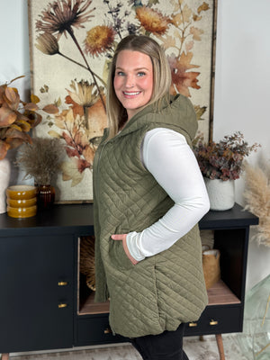 Long Quilted Vest with Hood - Olive