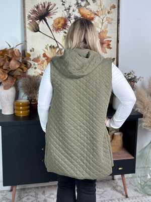 Long Quilted Vest with Hood - Olive