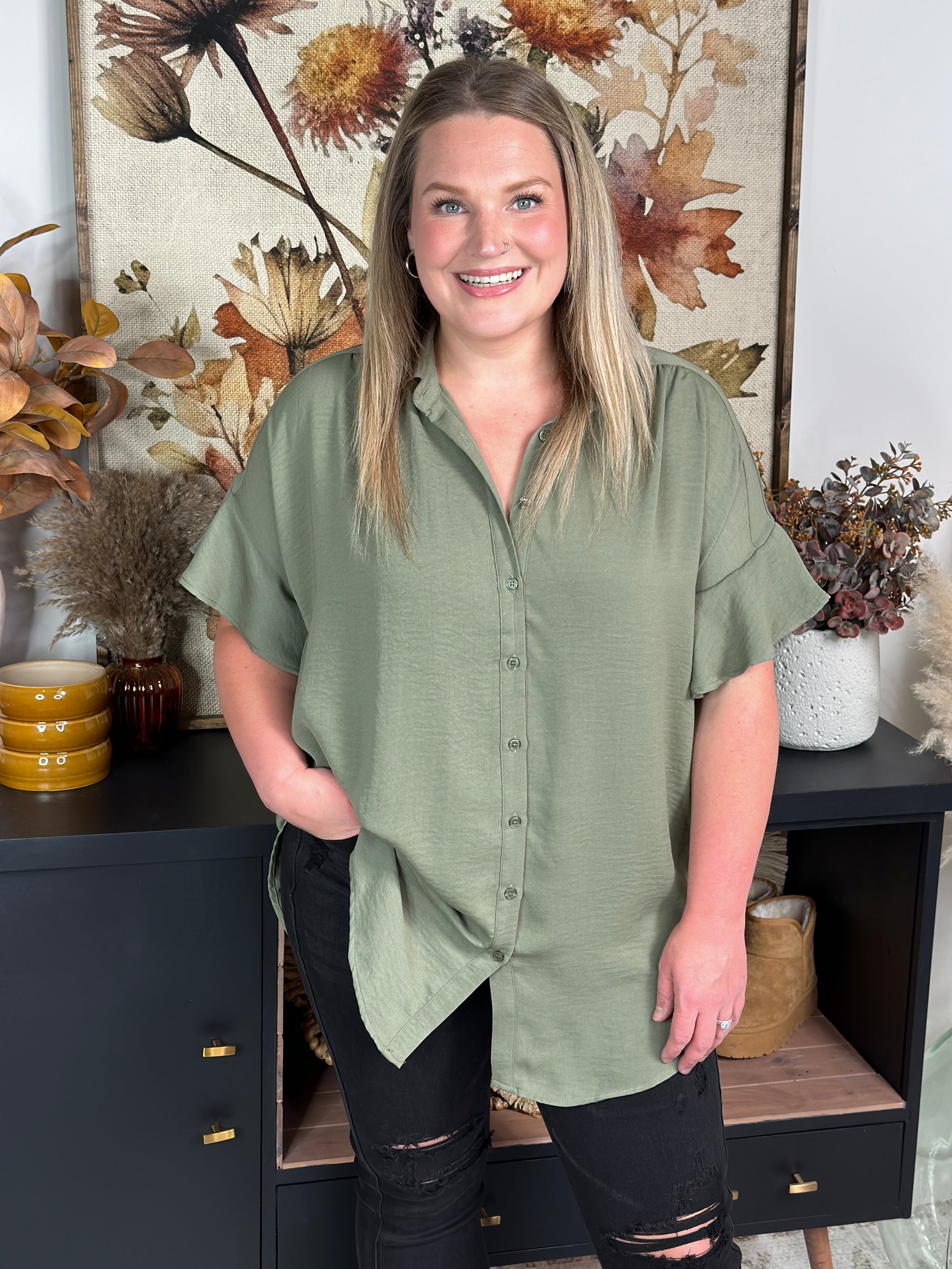 Ruffle Sleeve Button Up Blouse - Olive