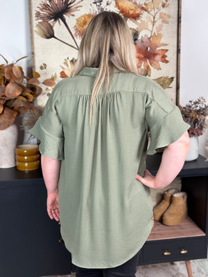 Ruffle Sleeve Button Up Blouse - Olive