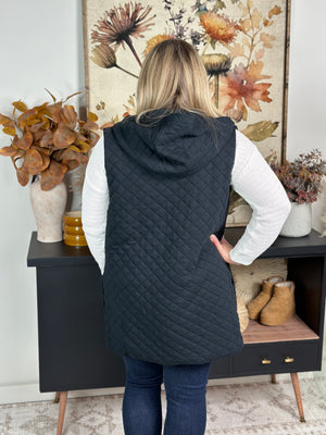 Long Quilted Vest with Hood - Black