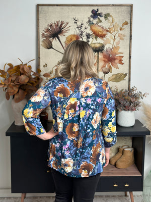 The Wrinkle Free Lizzie Top - Navy/Rust Floral (Small - 3X)