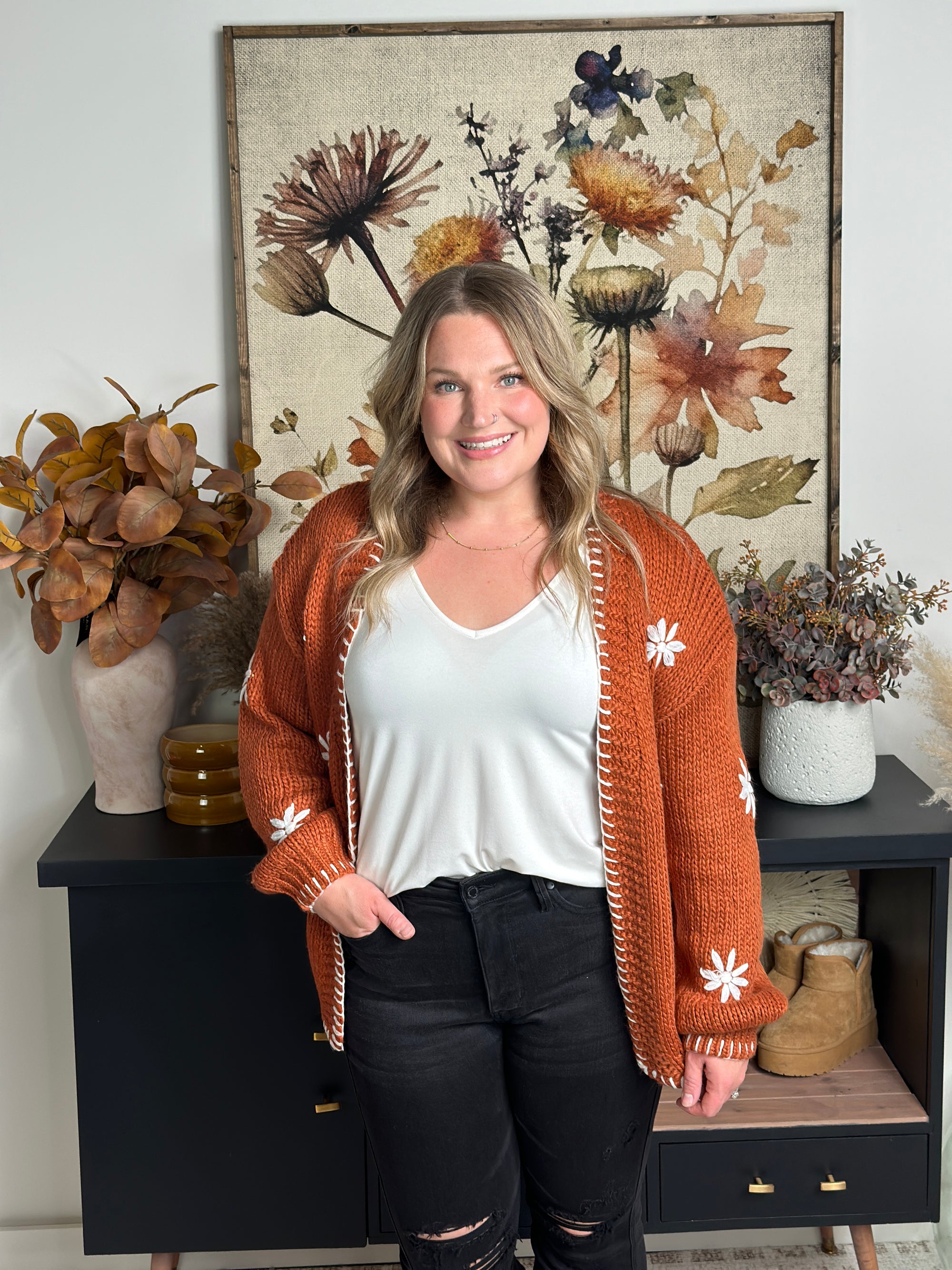 Rust Floral Detail Cardigan