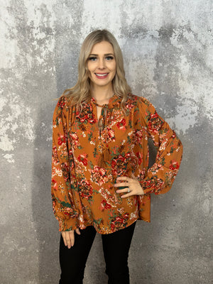 Mustard Floral Blouse with Front Tie (Small - 2X)