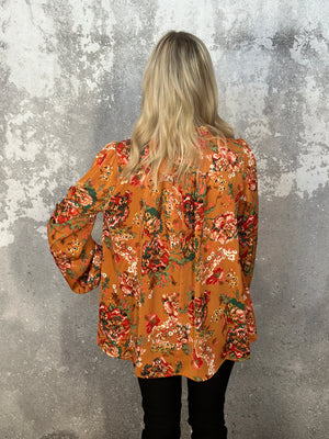 Mustard Floral Blouse with Front Tie (Small - 2X)