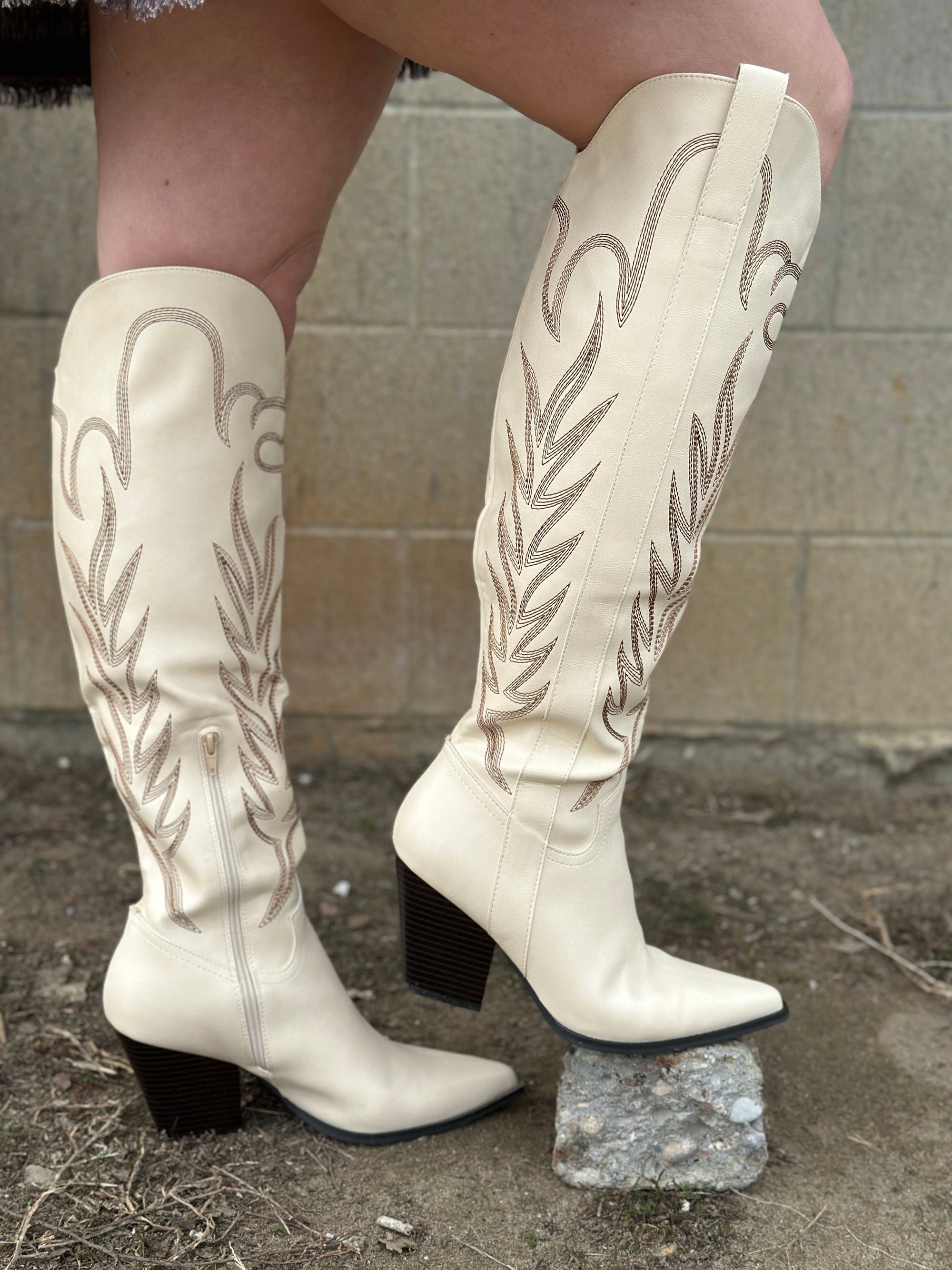 Tall Knee High Cream with Brown Stitching Western Boot RESTOCK