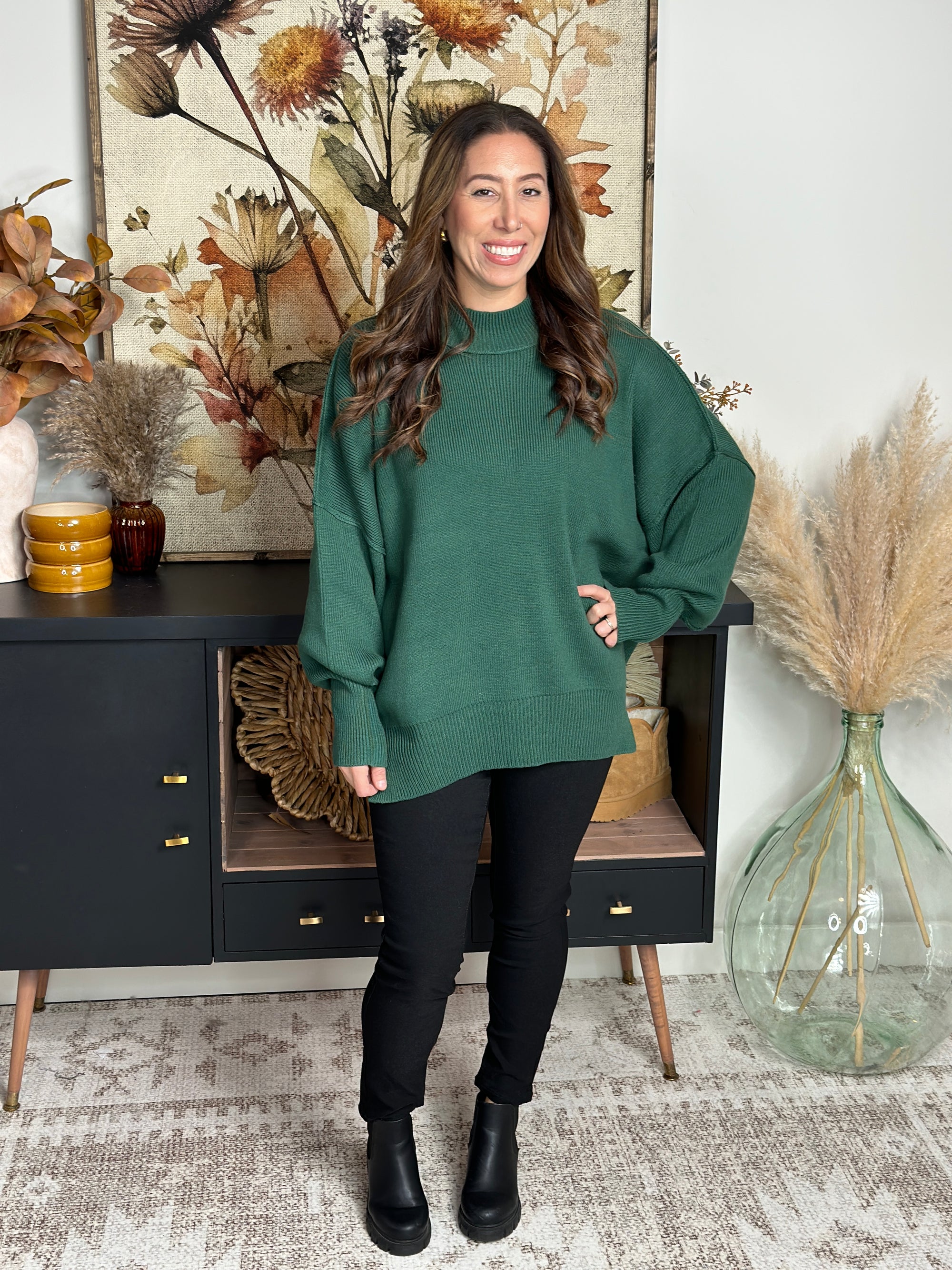 The Side Slit Oversized Sweater - Dark Green