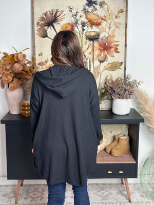 Soft Ribbed Hooded Cardigan - Black  (Small - 3X)