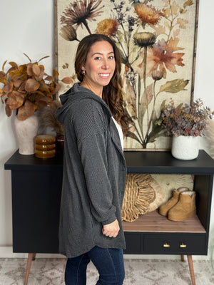 Soft Ribbed Hooded Cardigan - Charcoal  (Small - 3X)