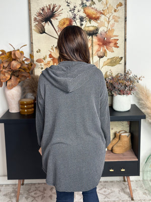 Soft Ribbed Hooded Cardigan - Charcoal  (Small - 3X)