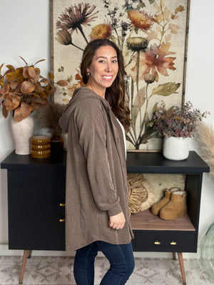 Soft Ribbed Hooded Cardigan - Brown  (Small - 3X)