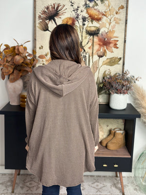 Soft Ribbed Hooded Cardigan - Brown  (Small - 3X)