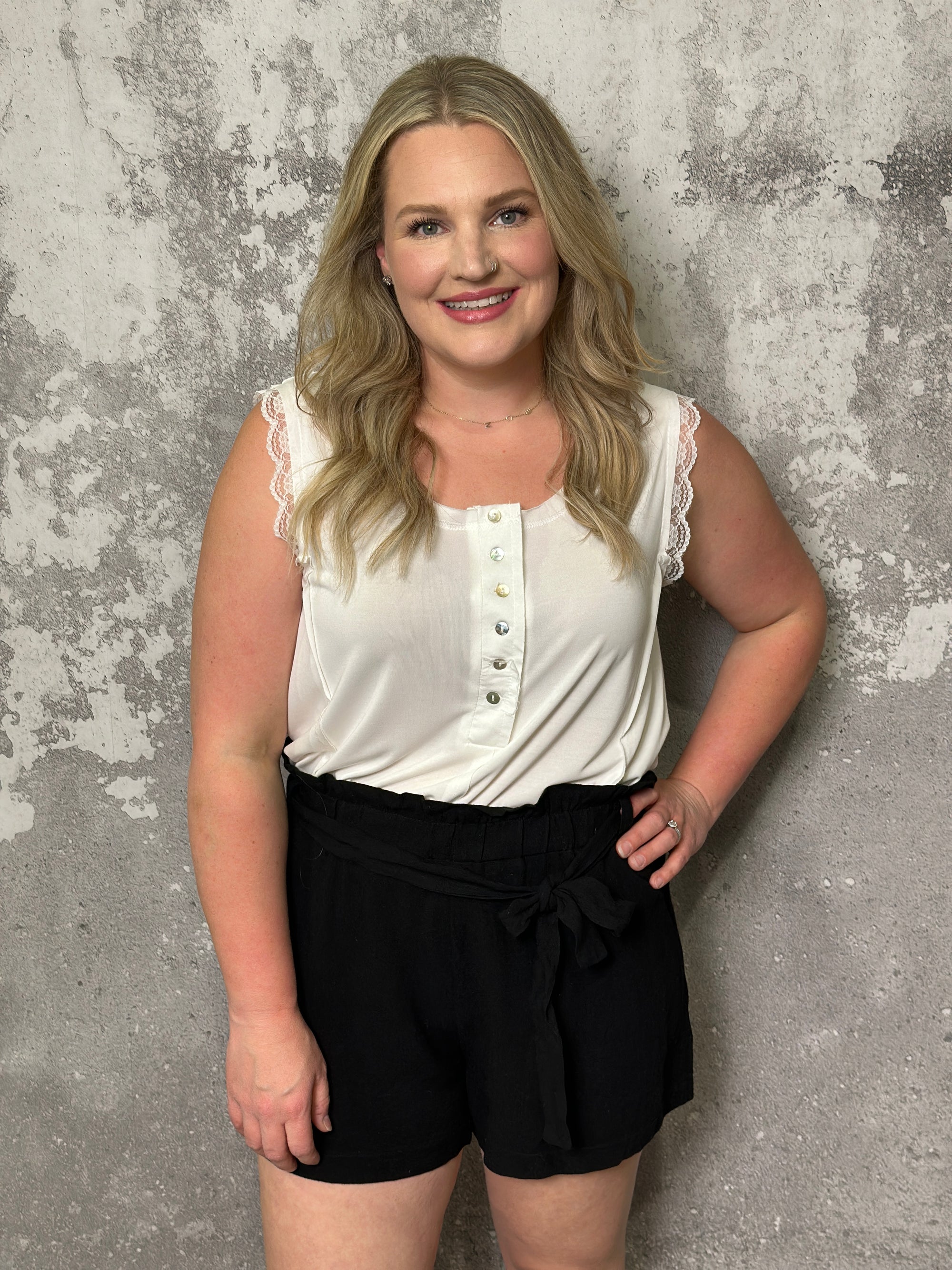 White Button Tank with Lace Trim- FINAL SALE