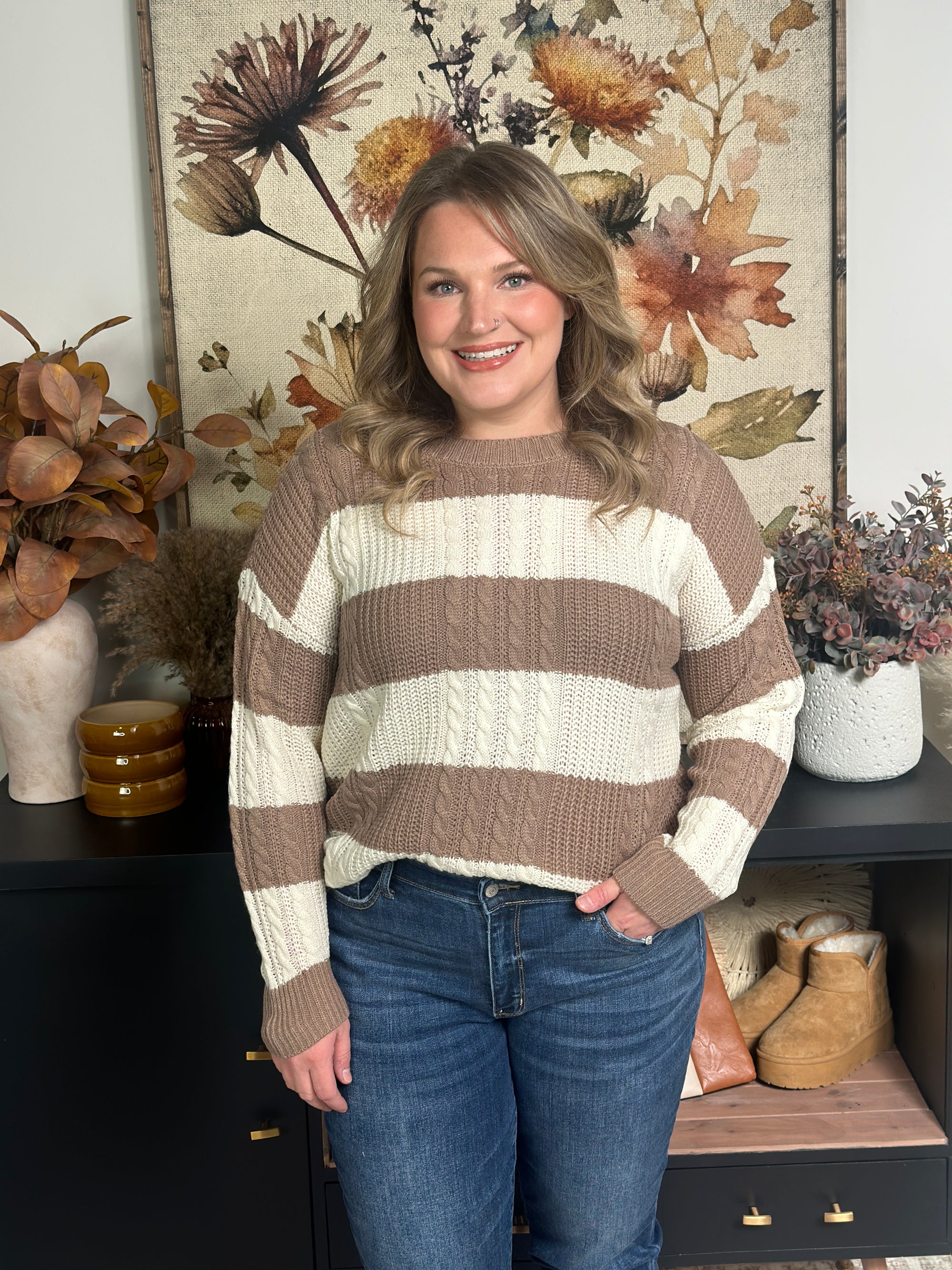 Lightweight Cable Stripe Sweater - Brown/Ivory