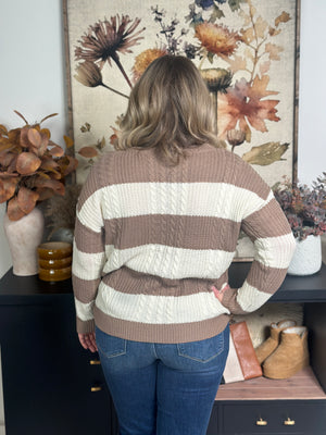 Lightweight Cable Stripe Sweater - Brown/Ivory