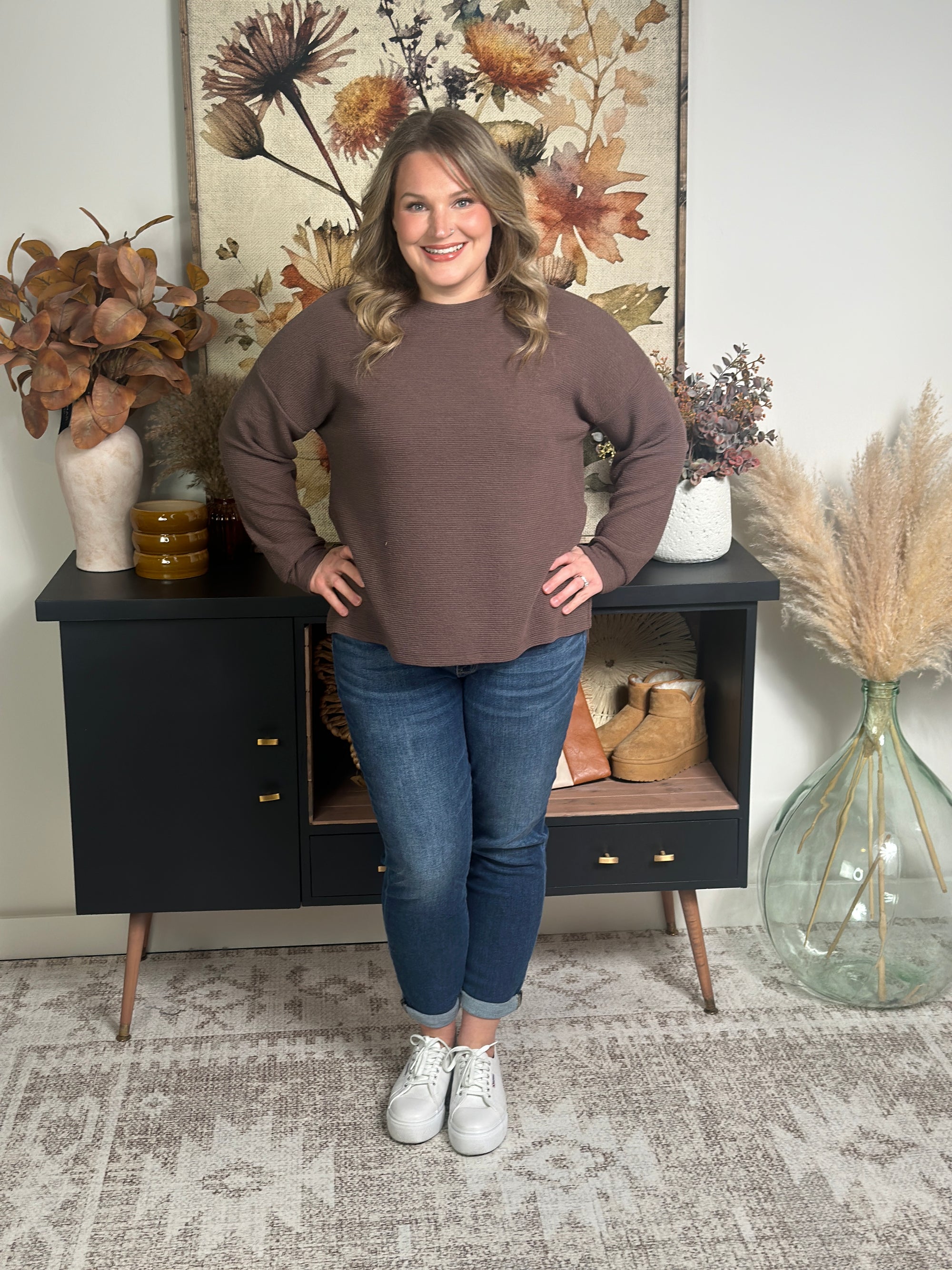 Textured Brown Long Sleeve Top