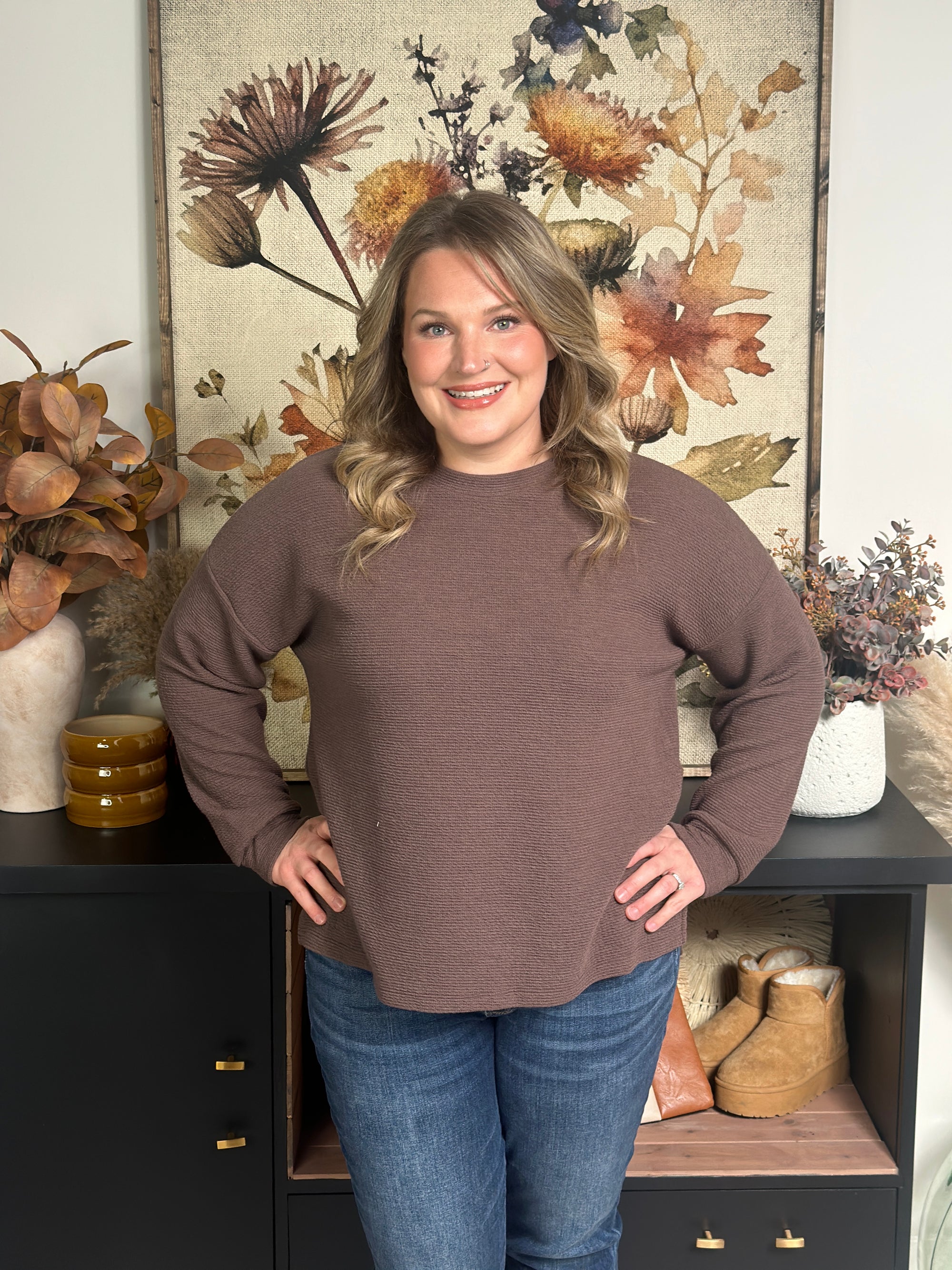 Textured Brown Long Sleeve Top