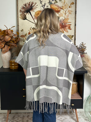 Soft Abstract Poncho with Tassels - Grey/Ivory