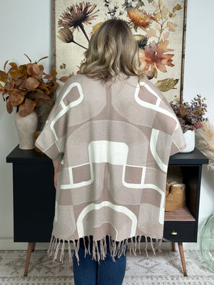 Soft Abstract Poncho with Tassels - Brown/Ivory