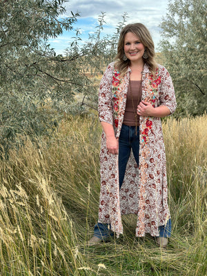 Brown/Taupe Floral Embroidered Duster