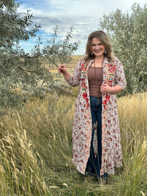 Brown/Taupe Floral Embroidered Duster