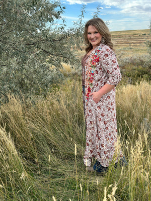 Brown/Taupe Floral Embroidered Duster