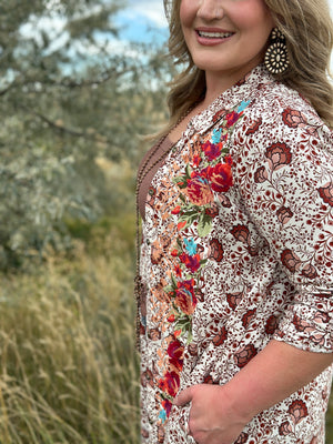 Brown/Taupe Floral Embroidered Duster