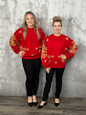 DOORCRASHER - Red Snowfall Metallic Snowflake Sweater (Small - 2X) - FINAL SALE