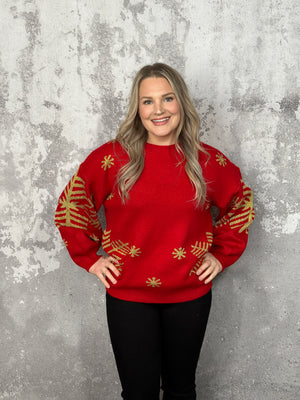 DOORCRASHER - Red Snowfall Metallic Snowflake Sweater (Small - 2X) - FINAL SALE