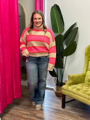 Neon Pink Taupe Stripe Sweater