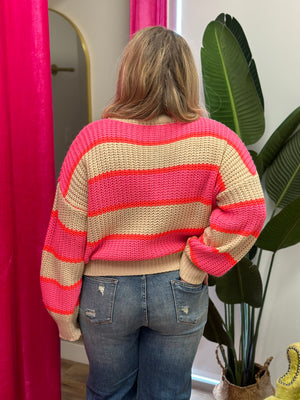 Neon Pink Taupe Stripe Sweater