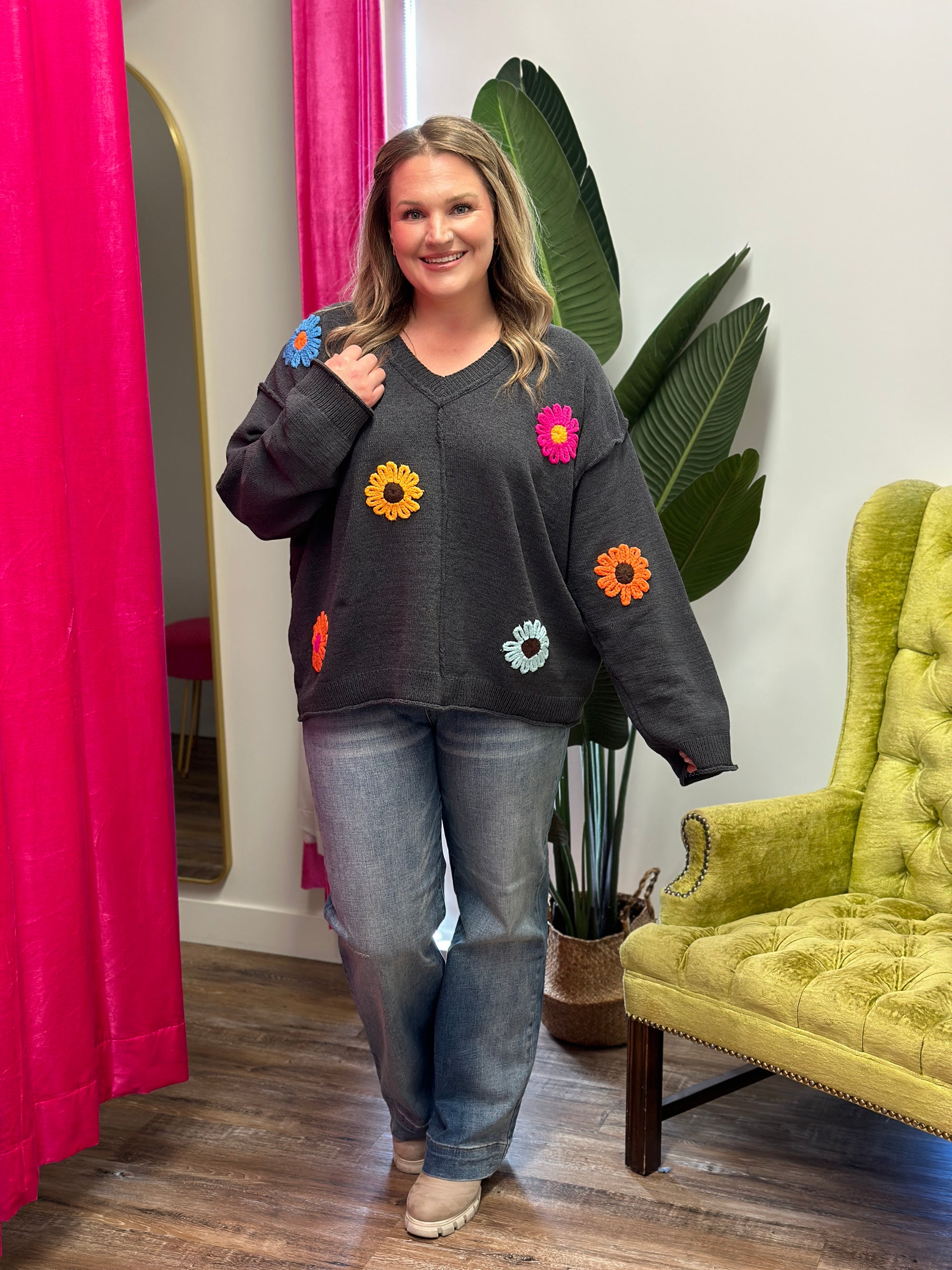 Charcoal Vneck Sweater with Multi Floral Appliqué