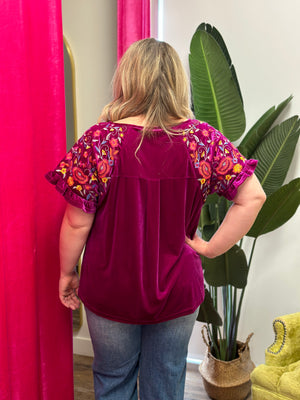 Velvet Top with Embroidered Sleeves - Magenta