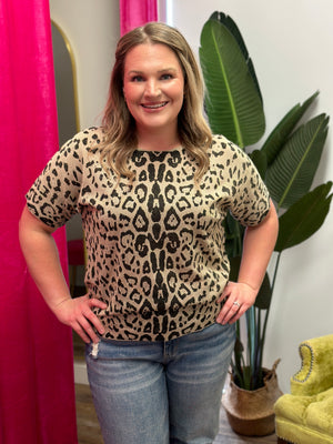 Taupe Leopard Glitter Lightweight Knit Top (Small - 3X)