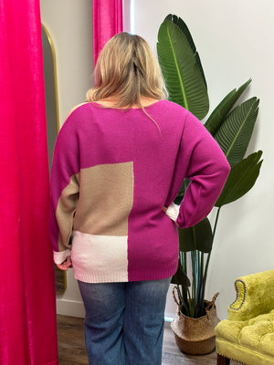 Colorblock Sweater Fuchsia/Tan/Ivory (Small - 3X)