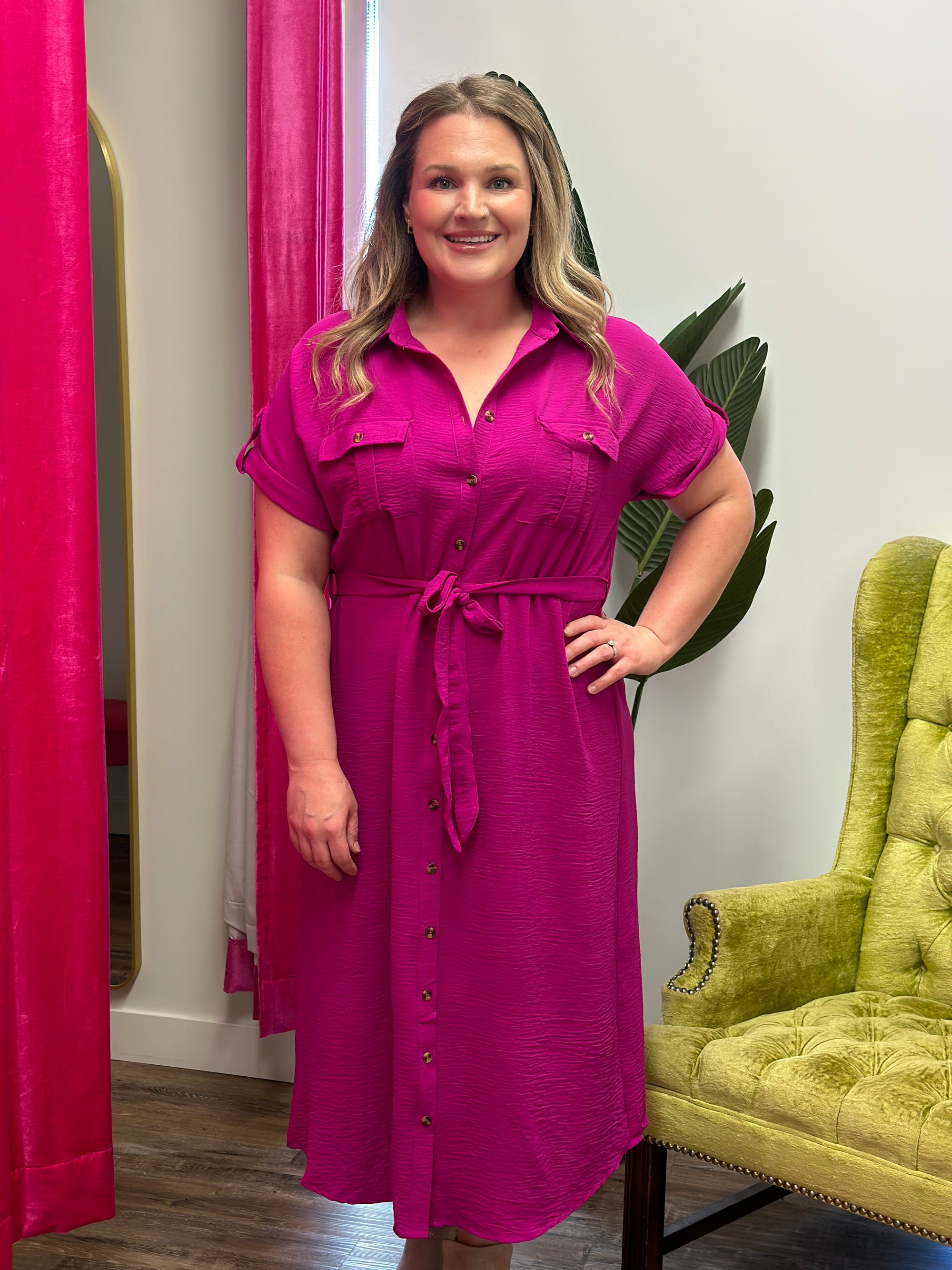 Magenta Waist Tie Midi Dress