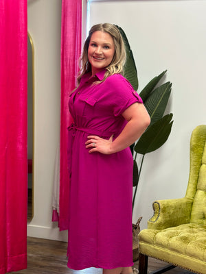 Magenta Waist Tie Midi Dress