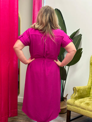 Magenta Waist Tie Midi Dress