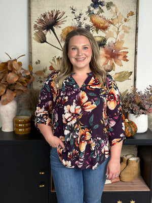 The Wrinkle Free Lizzie Top - Floral Plum (Small - 3X)