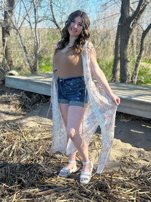 Cream Floral Lace Duster Vest