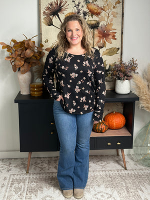 Black Floral Long Round neck Long Sleeve (Small - 3X)