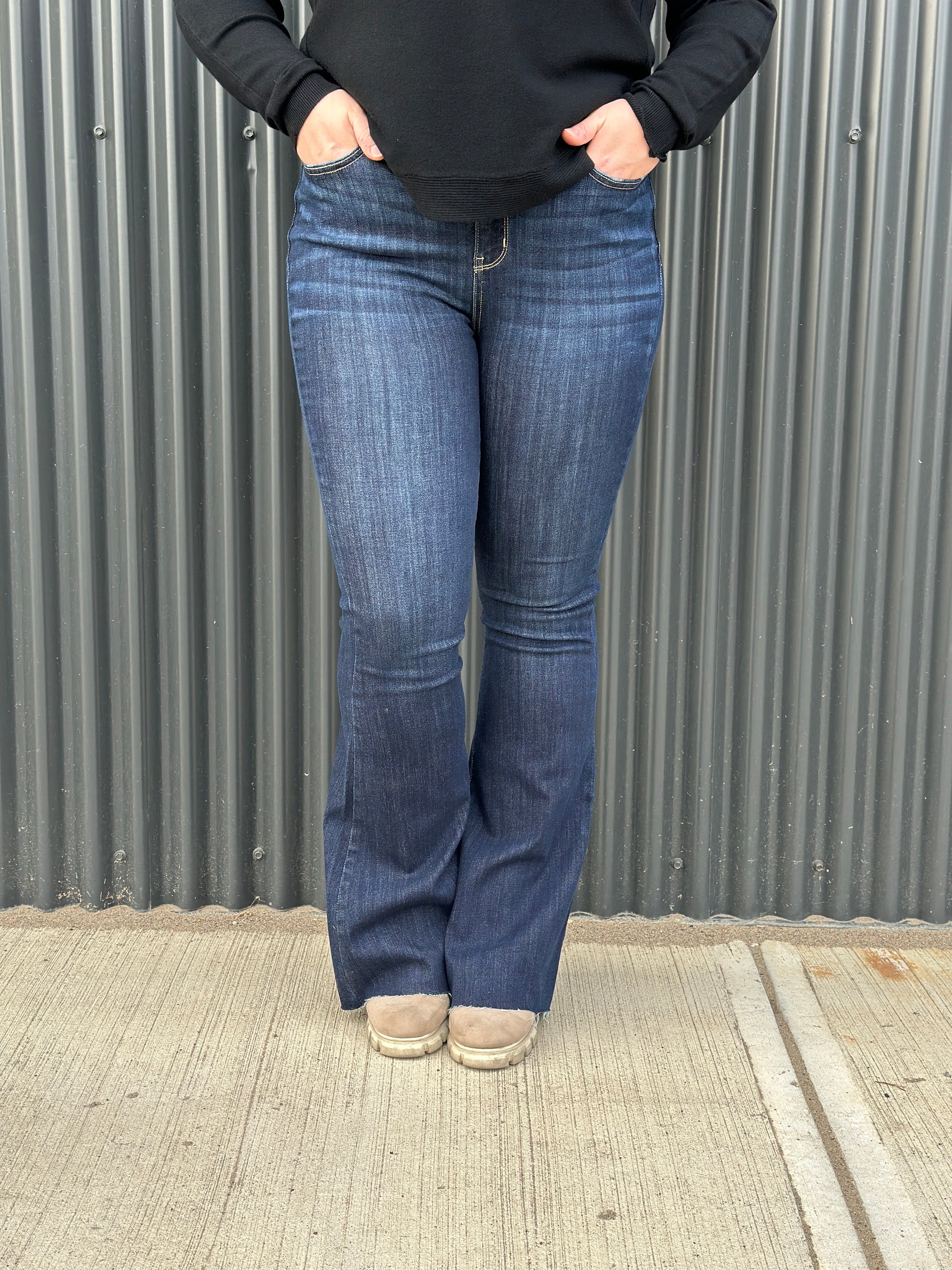 Judy Blue Dark Wash, Raw Hem,  Flare Jean (sizes 0/24-24W)