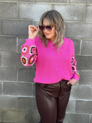 Crochet Sleeve Pink Sweater