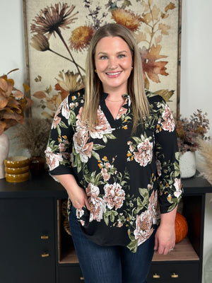 The Wrinkle Free Lizzie Top - Black with Blush/Olive Florals (Small - 3X)