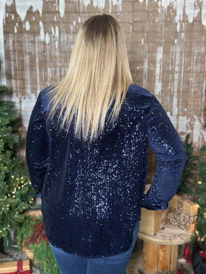 Blue Sequin Velvet Blouse  (Small - 3X)