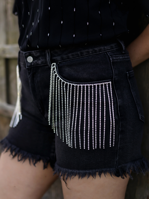 Black Rhinestone Fringe Shorts (Small - 3X) FINAL SALE